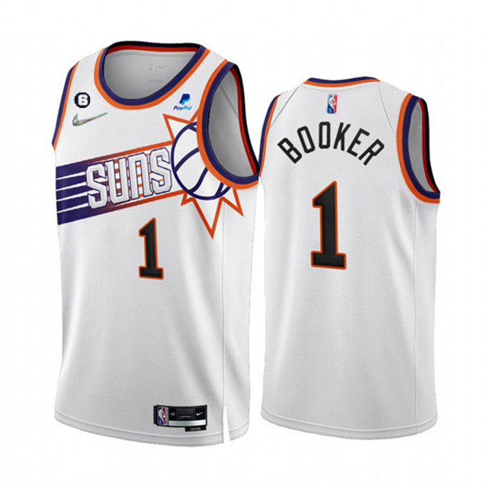 Personalized Men’s Phoenix Suns #1 Devin Booker 2022 23 White 75th Anniversary NO.6 Patch Association Edition Stitched Jersey