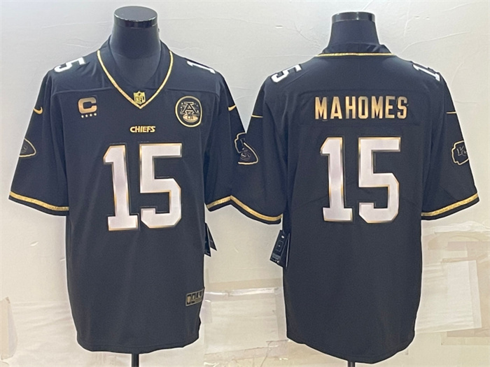 Personalized Men’s Kansas City Chiefs #15 Patrick Mahomes Black Gold 4-Star C Patch Untouchable Limited Stitched Jersey