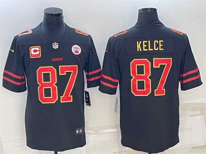 Personalized Men’s Kansas City Chiefs #87 Travis Kelce Black Red Gold 4-Star C Patch Untouchable Limited Stitched Jersey