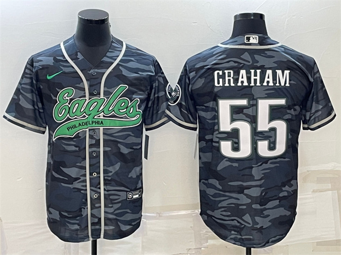 Personalized Men’s Philadelphia Eagles #55 Brandon Graham Grey Camo With Patch Cool Base Stitched Baseball Jersey