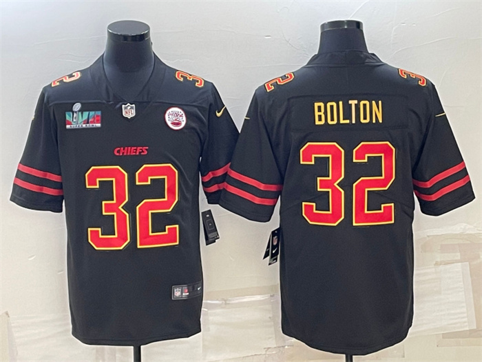 Personalized Men’s Kansas City Chiefs #32 Nick Bolton Black Red Gold Super Bowl LVII Patch Untouchable Limited Stitched Jersey