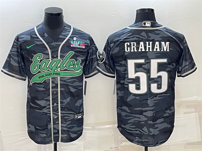 Personalized Men’s Philadelphia Eagles #55 Brandon Graham Grey Camo With Super Bowl LVII Patch Cool Base Stitched Baseball Jersey