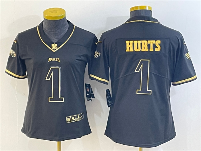 Personalized Women’s Philadelphia Eagles #1 Jalen Hurts Black Golden Edition Stitched Football Jersey(Run Small)