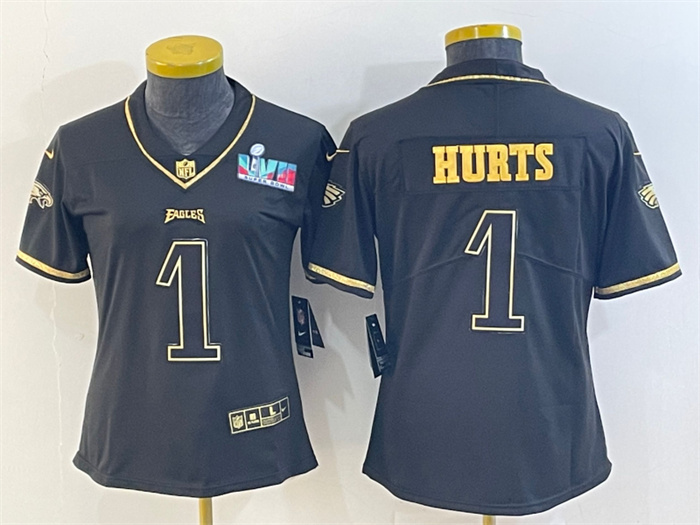 Personalized Women’s Philadelphia Eagles #1 Jalen Hurts Black Golden Edition Super Bowl LVII Patch Stitched Football Jersey(Run Small)