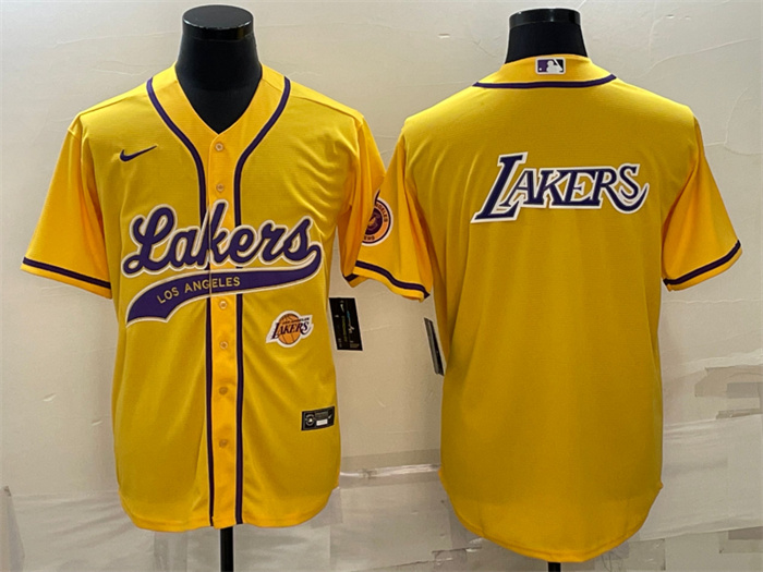 Personalized Men’s Los Angeles Lakers Yellow Big Logo With Patch Cool Base Stitched Baseball JerseyS