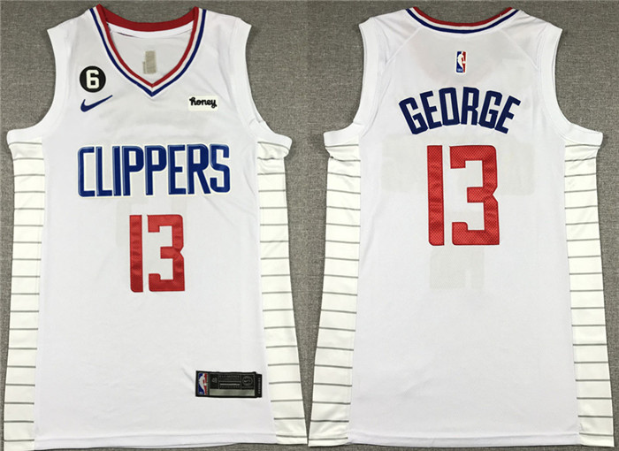 Personalized Men’s Los Angeles Clippers #13 Paul George White With NO.6 Patch Stitched Jersey