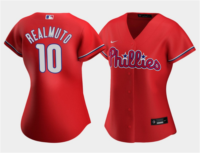 Personalized Women’s Philadelphia Phillies #10 J.T. Realmuto Red Stitched Baseball Jersey(Run Small)