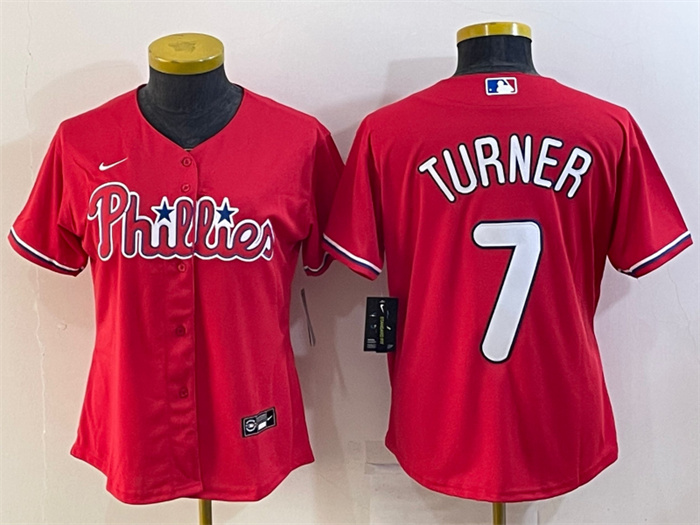 Personalized Women’s Philadelphia Phillies #7 Trea Turner Red Cool Base Stitched Baseball Jersey(Run Small)