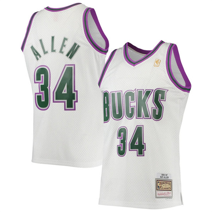 Personalized Men’s Milwaukee Bucks #34 Ray Allen White 1996-97 Swingman Stitched Jersey