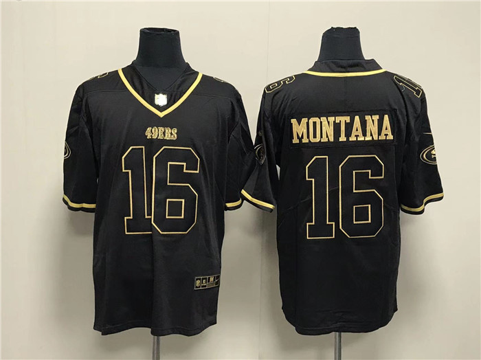 Personalized Men’s San Francisco 49ers #16 Joe Montana Black Gold Stitched Jersey