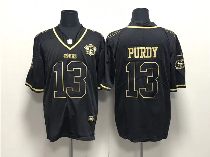 Personalized Men’s San Francisco 49ers #13 Brock Purdy Black Gold With 75th Anniversary Patch Stitched Jersey