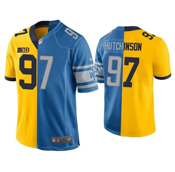 Personalized Men’s Detroit Lions #97 Aidan Hutchinson Yellow Blue Split Stitched Game Jersey