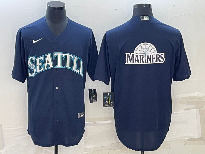 Personalized Men’s Seattle Mariners Navy Team Big Logo Cool Base Stitched Jersey