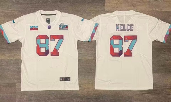 Personalized Men’s Kansas City Chiefs #87 Travis Kelce White Super Bowl LVII Patch Untouchable Limited Stitched Jersey