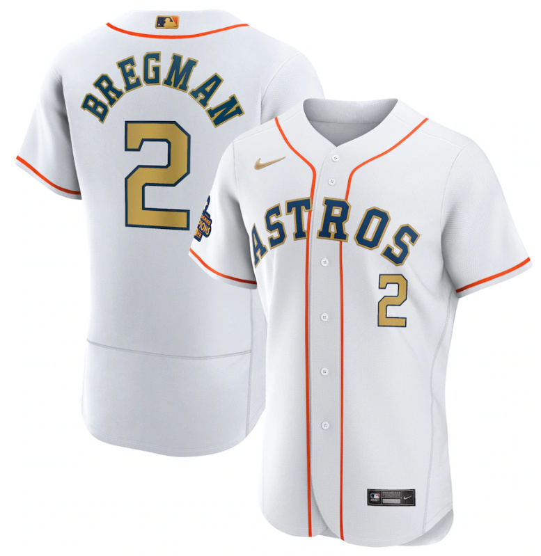 Personalized Men’s Houston Astros #2 Alex Bregman White 2023 Gold Collection With World Serise Champions Patch Stitched Baseball Jersey