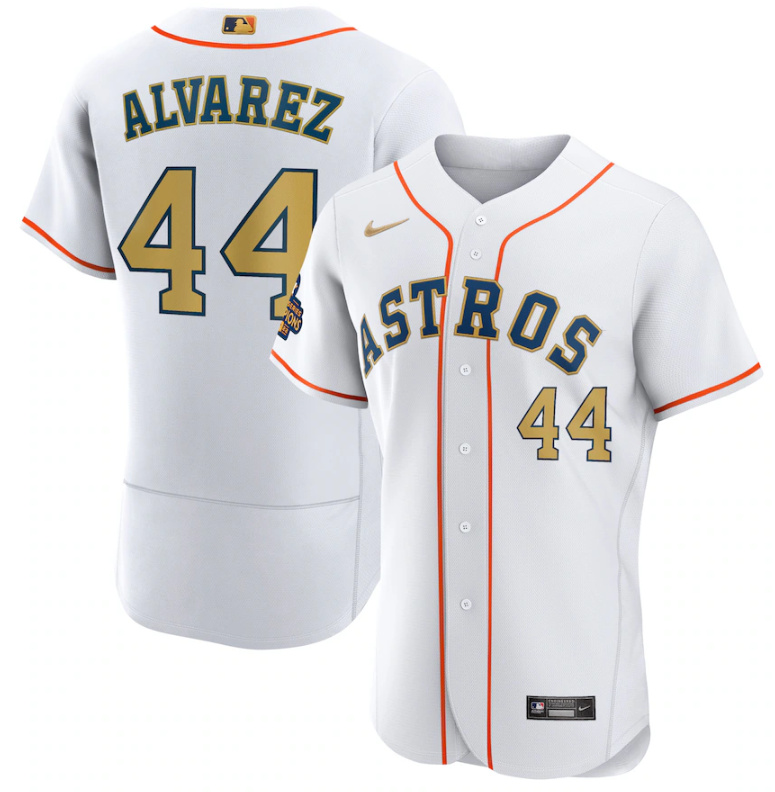Personalized Men’s Houston Astros #44 Yordan Alvarez White 2023 Gold Collection With World Serise Champions Patch Stitched Baseball Jersey