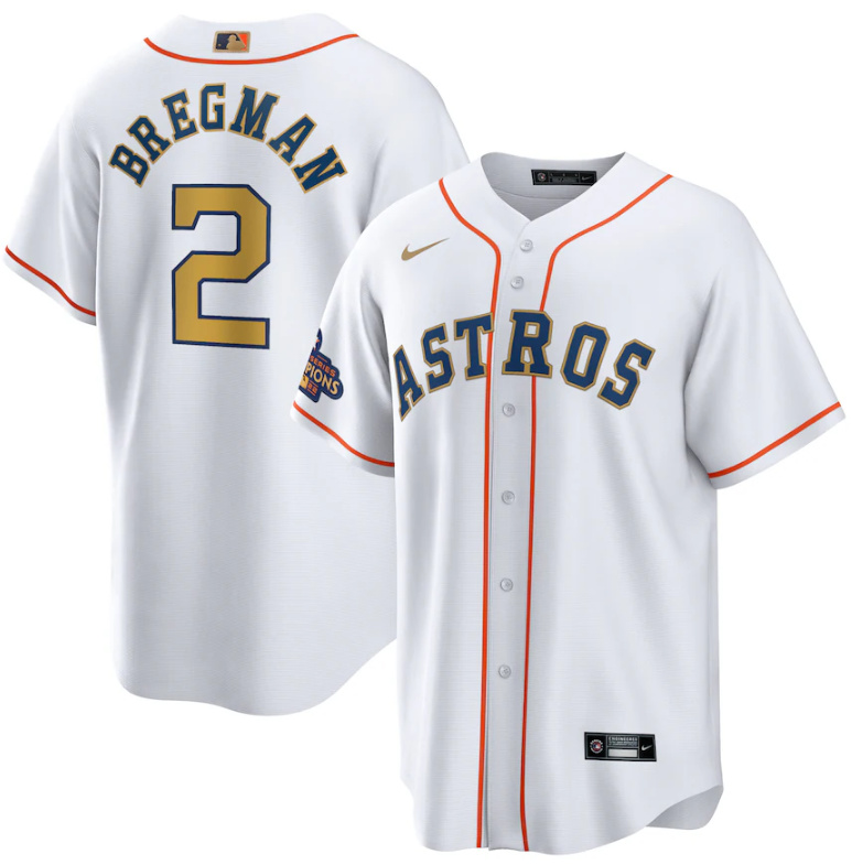 Personalized Men’s Houston Astros #2 Alex Bregman White 2023 Gold Collection With World Serise Champions Patch Cool Base Stitched Baseball Jersey