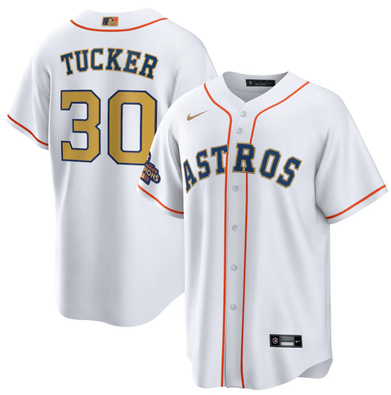 Personalized Men’s Houston Astros #30 Kyle Tucker White 2023 Gold Collection With World Serise Champions Patch Cool Base Stitched Baseball Jersey