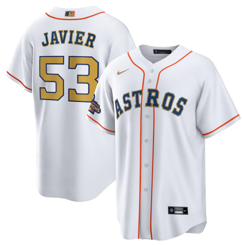 Personalized Men’s Houston Astros #53 Cristian Javier White 2023 Gold Collection With World Serise Champions Patch Cool Base Stitched Baseball Jersey