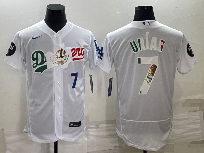 Personalized Men’s Los Angeles Dodgers #7 Julio Urías White With Vin Scully Patch Flex Base Stitched Baseball Jersey