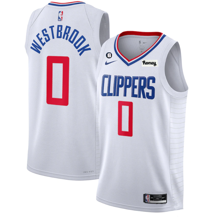 Personalized Men’s Los Angeles Clippers #0 Russell Westbrook White With NO.6 Patch Stitched Jersey