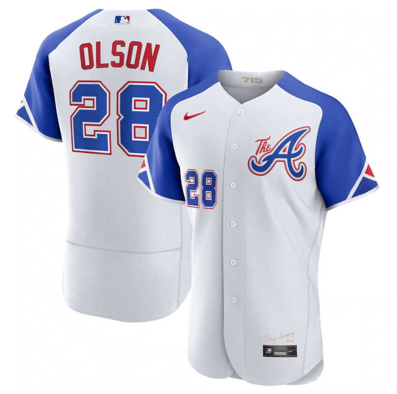 Personalized Men’s Atlanta Braves #28 Matt Olson White 2023 City Connect Flex Base Stitched Jersey