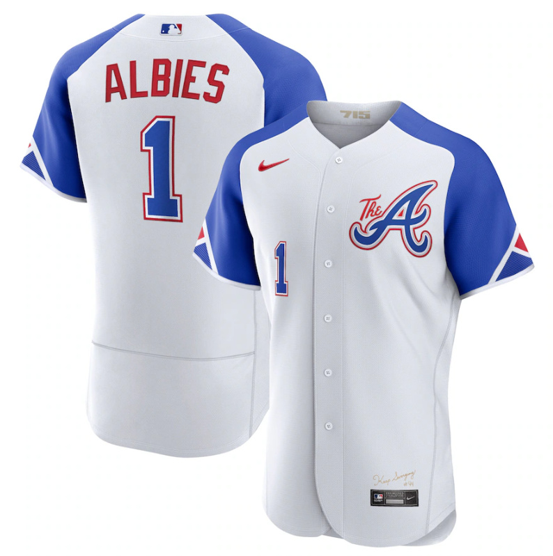 Personalized Men’s Atlanta Braves #1 Ozzie Albies White 2023 City Connect Flex Base Stitched Jersey