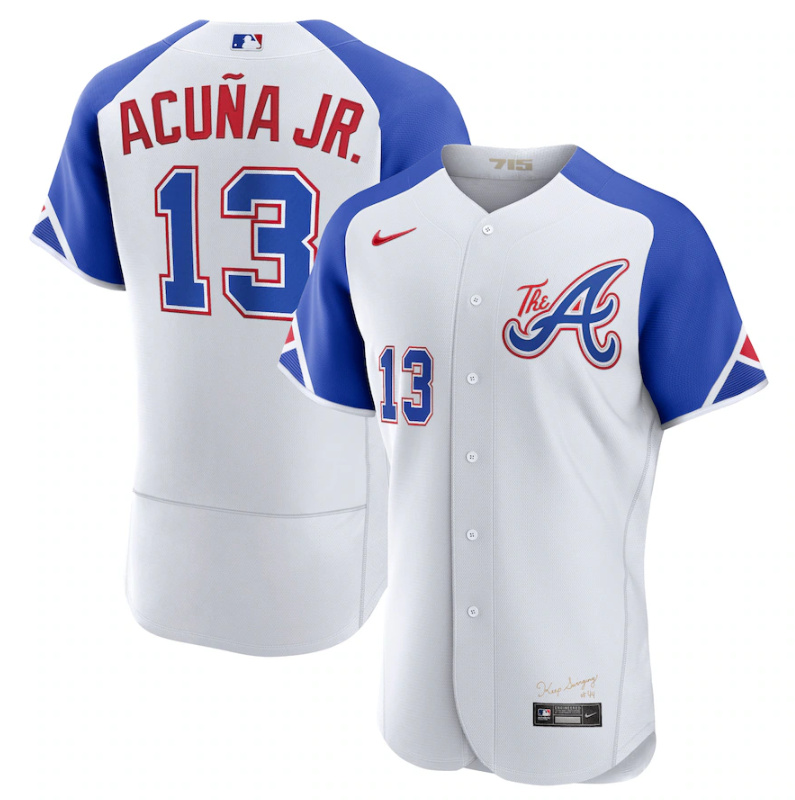 Personalized Men’s Atlanta Braves #13 Ronald Acuña Jr. White 2023 City Connect Flex Base Stitched Jersey