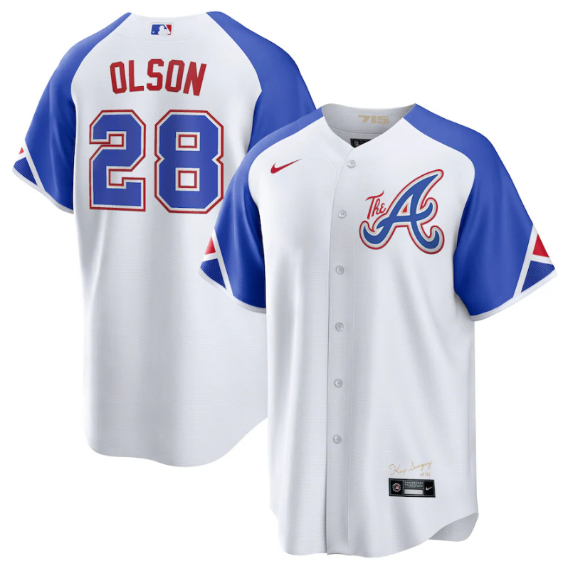 Personalized Men’s Atlanta Braves #28 Matt Olson White 2023 City Connect Cool Base Stitched Baseball Jersey