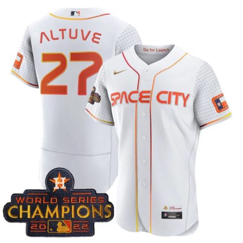 Personalized Men’s Houston Astros #27 Jose Altuve White With 2022 World Serise Champions Patch Stitched Baseball Jersey