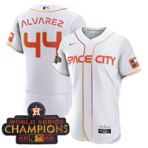 Personalized Men’s Houston Astros #44 Yordan Alvarez White With 2022 World Serise Champions Patch Stitched Baseball Jersey