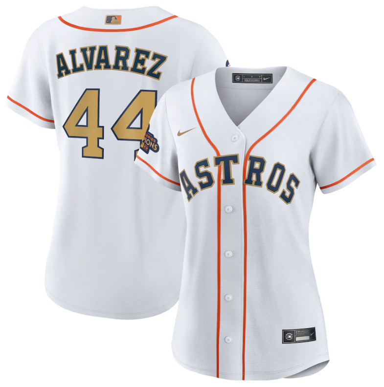 Personalized Women’s Houston Astros #44 Yordan Alvarez White 2023 Gold Collection With World Serise Champions Patch Stitched Jersey(Run Small)