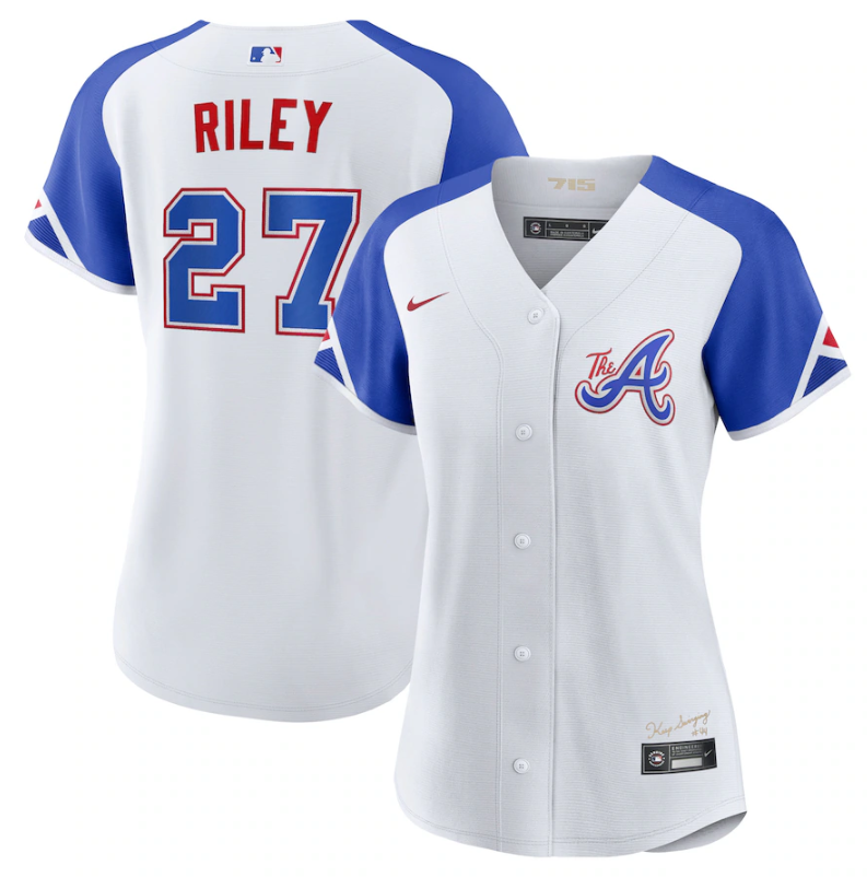 Personalized Women’s Atlanta Braves #27 Austin Riley White 2023 City Connect Stitched Baseball Jersey(Run Small)