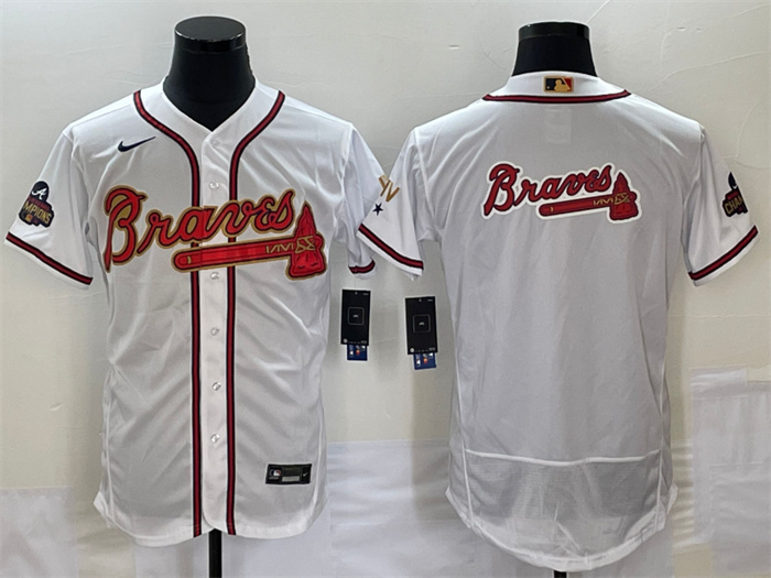 Personalized Men’s Atlanta Braves 2022 White Gold World Series Champions Program Team Big Logo Flex Base Stitched Jersey