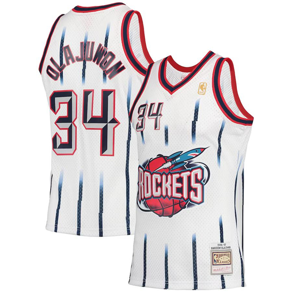 Personalized Men’s Houston Rockets #34 Hakeem Olajuwon White 1996-97 Mitchell & Ness Hardwood Classics Swingman Stitched Basketball Jersey