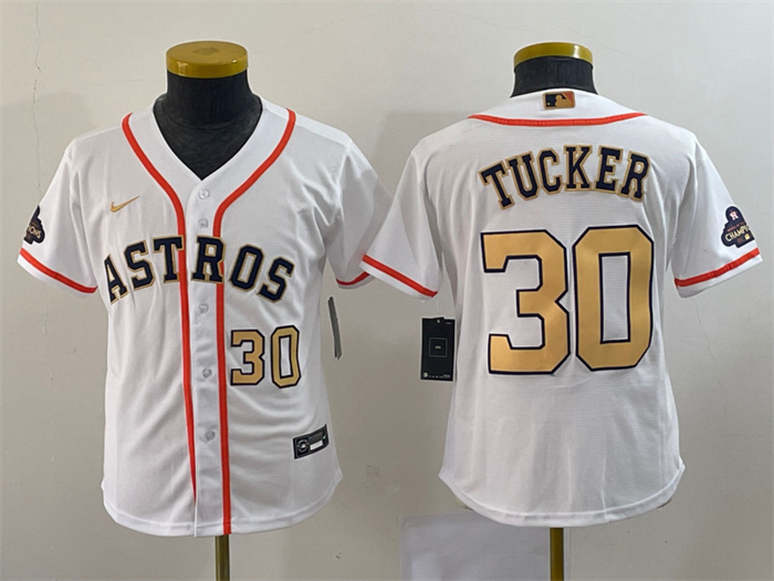 Personalized Youth Houston Astros #30 Kyle Tucker White 2023 Gold Collection With World Serise Champions Patch Stitched Baseball Jersey