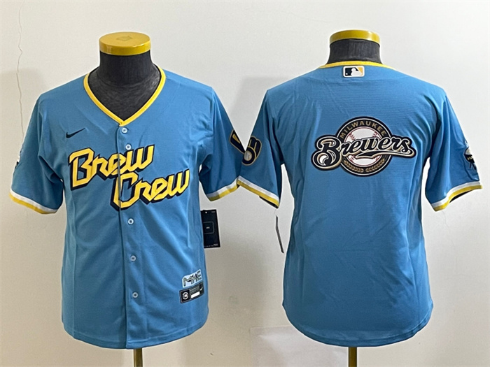 Personalized Youth Milwaukee Brewers Powder Blue Team Big Logo City Connect Stitched Jersey