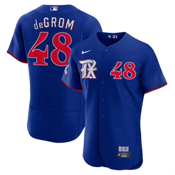 Personalized Men’s Texas Rangers #48 Jacob DeGrom Royal 2023 City Connect Flex Base Stitched Baseball Jersey
