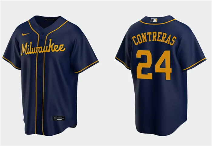 Personalized Men’s Milwaukee Brewers #24 William Contreras Navy Cool Base Stitched Jersey