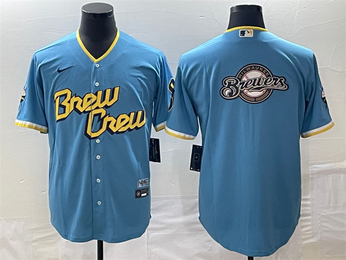 Personalized Men’s Milwaukee Brewers Powder Blue Team Big Logo City Connect Cool Base Stitched Jersey