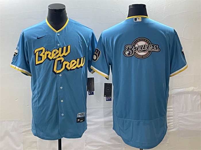 Personalized Men’s Milwaukee Brewers Powder Blue Team Big Logo City Connect Flex Base Stitched Jersey