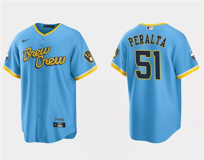 Personalized Men’s Milwaukee Brewers #51 Freddy Peralta Powder Blue City Connect Cool Base Stitched Jersey