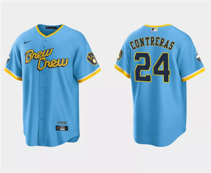 Personalized Men’s Milwaukee Brewers #24 William Contreras Powder Blue 2022 City Connect Cool Base Stitched Jersey