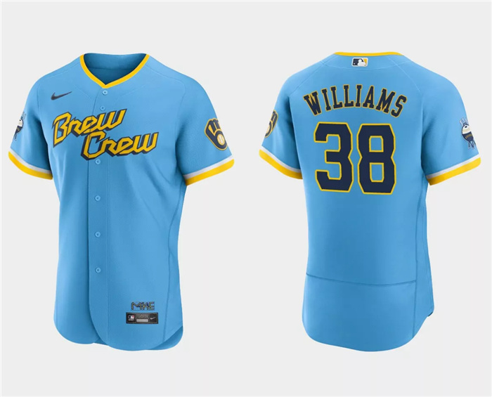 Personalized Men’s Milwaukee Brewers #38 Devin Williams Powder Blue 2022 City Connect Flex Base Stitched MLB Jersey