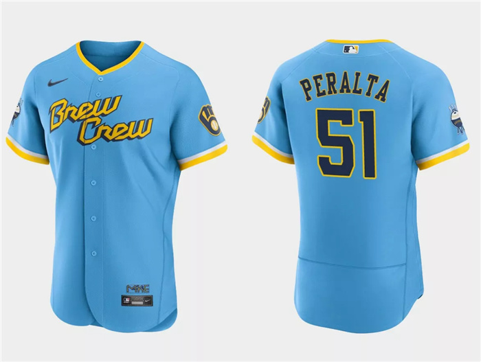 Personalized Men’s Milwaukee Brewers #51 Freddy Peralta Powder Blue 2022 City Connect Flex Base Stitched MLB Jersey
