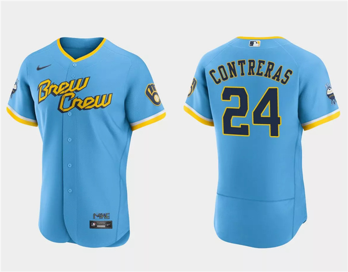 Personalized Men’s Milwaukee Brewers #24 William Contreras Powder Blue 2022 City Connect Flex Base Stitched Baseball Jersey