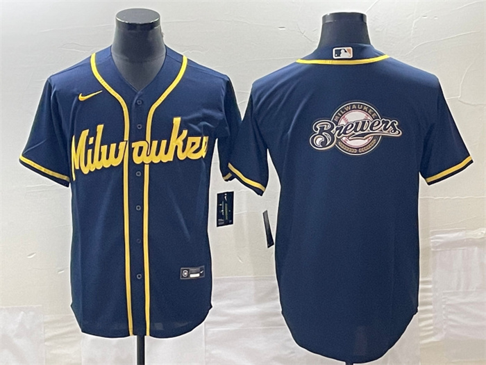 Personalized Men’s Milwaukee Brewers Navy Team Big Logo Cool Base Stitched Jersey