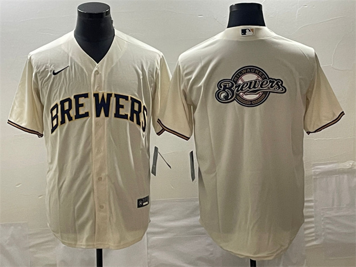 Personalized Men’s Milwaukee Brewers Cream Team Big Logo Cool Base Stitched Jersey
