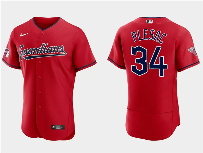 Personalized Men’s Cleveland Guardians #34 Zach Plesac Red Flex Base Stitched Jersey