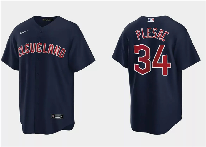 Personalized Men’s Cleveland Guardians #34 Zach Plesac Navy Cool Base Stitched Jersey